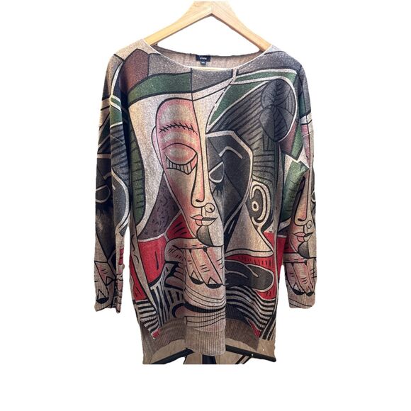 Shana Sweater Medium Abstract Face Print Art Pullover Drop Shoulder Taupe Multi - Picture 2 of 13